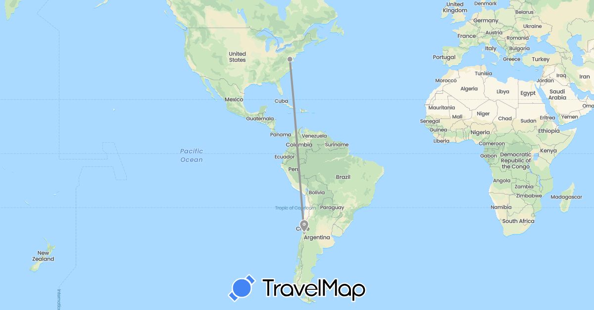 TravelMap itinerary: driving, plane in Chile, United States (North America, South America)